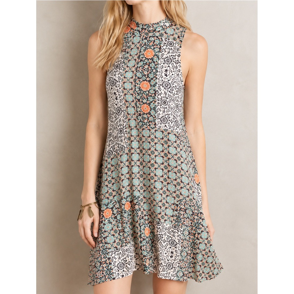 Maeve Anthropologie Mixed Floral Patchwork Sleeveless Shift Dress Small Orange